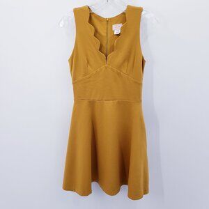 Love Ady Dress Sz M Mustard Yellow Fit & Flare Babydoll Scalloped Neckline NWOT